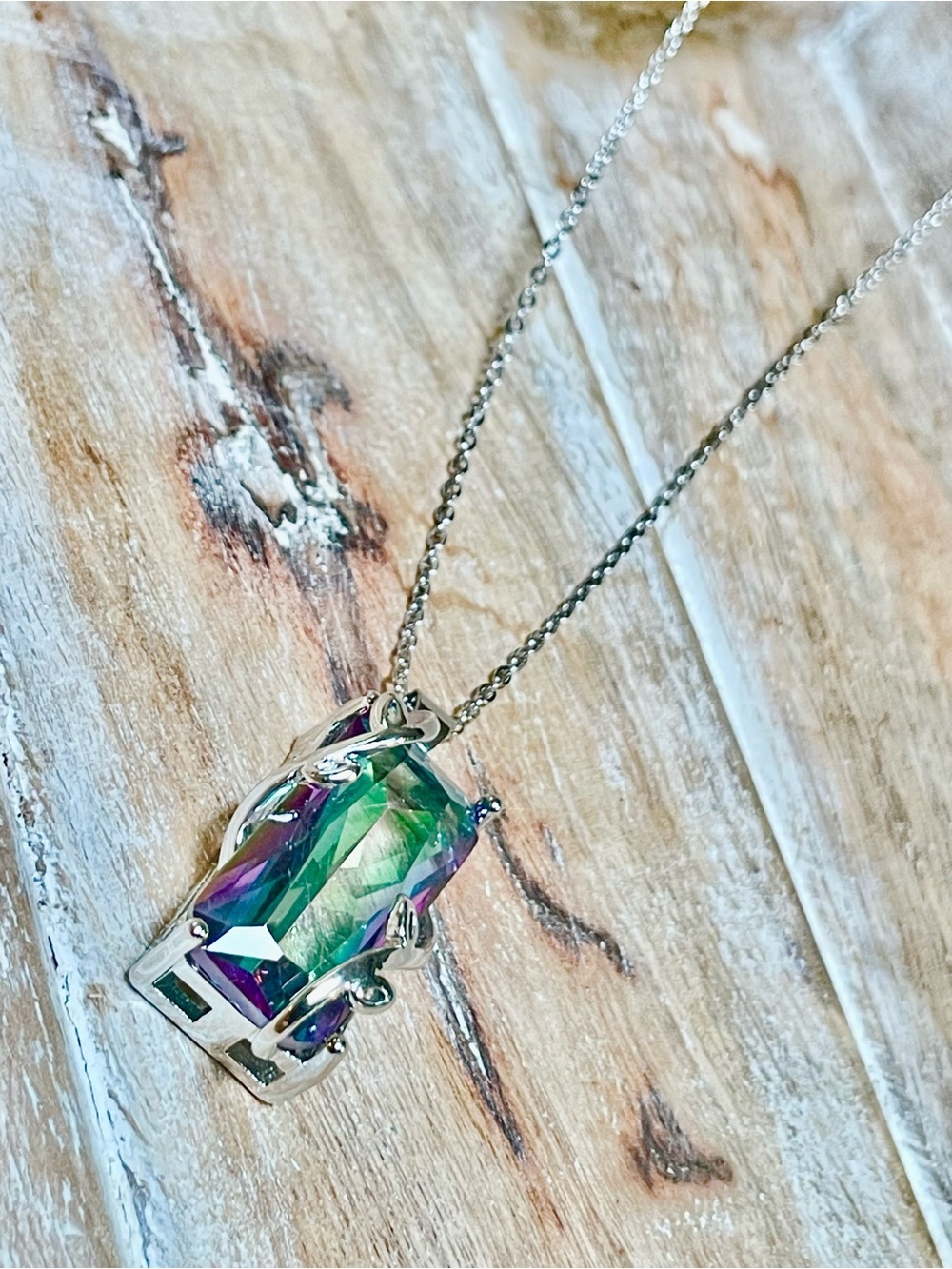 Multicolor AB Stone Pendant Necklace in Green and Pink Tones Set in Sterling - Picture 4 of 4
